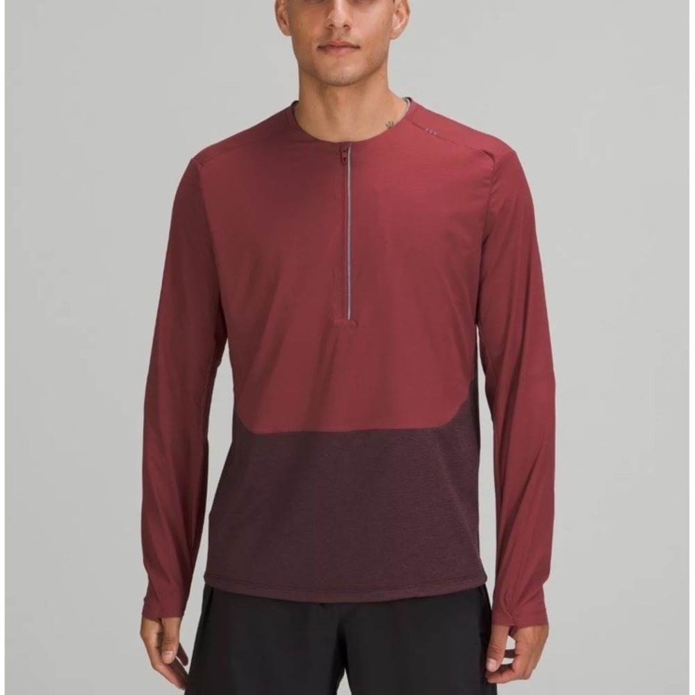 Lululemon‎ Men's Collarless Running Long Sleeve Quarter Zip Maroon Stretch Large